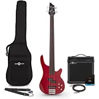 Gear4Music Chicago Fretless- Bass -Gitarren- Trans Red 15-W- Bass -Verstärker- und Zubehörpaket