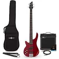 Gear4Music Chicago Linkshändige Bass -Gitarren- Trans Red 15 W Bass Verstärker- und Zubehörpaket