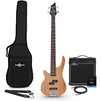 Gear4Music Chicago Linkshändige Bass -Gitarren- Natural 15 W Bass Verstärker- und Zubehörpaket