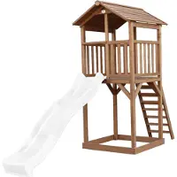 Axi Beach Tower Spielturm aus Holz in Braun | Spielhaus für Kinder mit weißer Rutsche und Sandkasten | Stelzenhaus für den Garten