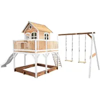 Axi Spielhaus Liam mit Sandkasten, Doppelschaukel & weißer Rutsche | Stelzenhaus XXL in Braun & Weiß aus FSC Holz für Kinder | Spielturm mit Wellenrutsche & Schaukel für den Garten