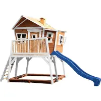 Axi Spielhaus Max mit Sandkasten & blauer Rutsche | Stelzenhaus in Braun & Weiß aus FSC Holz für Kinder | Spielturm mit Wellenrutsche für den Garten