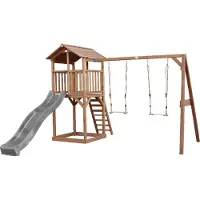 Axi Beach Tower Spielturm aus Holz in Braun | Spielhaus für Kinder mit grauer Rutsche, Doppelschaukel und Sandkasten | Stelzenhaus für den Garten