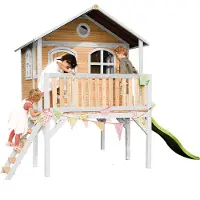 Axi Spielhaus Sophie mit hellgrüner Rutsche | Stelzenhaus in Braun & Weiß aus Holz für Kinder | Spielturm mit Wellenrutsche für den Garten