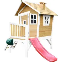 Axi Spielhaus Robin mit roter Rutsche | Stelzenhaus in Braun & Weiß aus FSC Holz für Kinder | Spielturm für den Garten