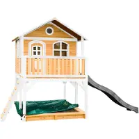 Axi Spielhaus Marc mit Sandkasten & grauer Rutsche | Stelzenhaus in Braun & Weiß aus FSC Holz für Kinder | Spielturm mit Wellenrutsche für den Garten