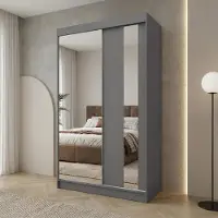 Beautysofa GAJA II Schwebetürenschrank 120 cm mit Spiegel – Kleiderschrank 2-türig, Schlafzimmer Schrank, Graphit/Graphit mit zwei Schubladen