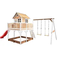 Axi Spielhaus Liam mit Sandkasten, Doppelschaukel & roter Rutsche | Stelzenhaus XXL in Braun & Weiß aus FSC Holz für Kinder | Spielturm mit Wellenrutsche & Schaukel für den Garten