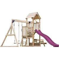 Axi Mette Spielturm aus Holz mit 2 Schaukeln | XXL Spielhaus / Spielplatz für Kinder mit Picknicktisch, Sandkasten & Rutsche, Lila | Schaukelgerüst für den Garten