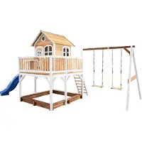 Axi Spielhaus Liam mit Sandkasten, Doppelschaukel & blauer Rutsche | Stelzenhaus XXL in Braun & Weiß aus FSC Holz für Kinder | Spielturm mit Wellenrutsche & Schaukel für den Garten