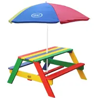 Axi Nick Kinder Picknicktisch aus Holz | Kindertisch in Regenbogen Farben mit Sonnenschirm für den Garten