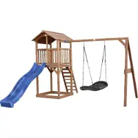 Axi Beach Tower Spielturm aus Holz in Braun | Spielhaus für Kinder mit blauer Rutsche, Nestschaukel und Sandkasten | Stelzenhaus für den Garten