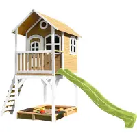 Axi Spielhaus Sarah mit Sandkasten & hellgrüner Rutsche | Stelzenhaus in Braun & Weiß aus Holz für Kinder | Spielturm mit Wellenrutsche für den Garten