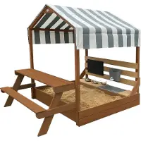 Axi Bo Sandkasten & Spielhaus aus Holz mit Spielküche, Dach und Picknicktisch - Braun | Sandkasten inklusive 6-teiligem Zubehörset | Mit Bodenplane | 159 x 105 cm