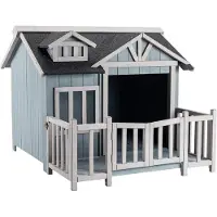 Wiltec Luxus XL Hundehütte 93,5 x 77,5 x 70 cm, grau weiß, Hundehaus aus Holz mit Veranda, Hundehöhle Outdoor für Balkon Garten Terrasse