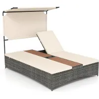 Costway Gartenliege 2 Personen, Polyrattan Doppelliege mit Dach, verstellbaren Rückenlehnen, Auflage, mittlerem Tisch & Getränkehaltern, Loungebett