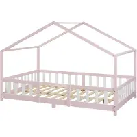 En.casa Kinderbett ’Treviolo‘ in Haus-Optik mit Rausfallschutz Kiefernholz 120 x 200 cm Rosa / Weiß