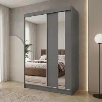 Beautysofa GAJA Kleiderschrank 160 cm mit Spiegel – Schwebetürenschrank 2-türig, Schlafzimmer Schrank, Graphit/Graphit ohne Schubkasteneinsätze