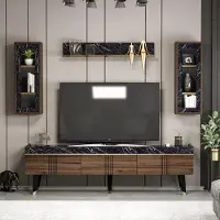 Homidea KARYA Wohnwand mit TV-Lowboard – TV-Schrank mit 3 Türen und Wandregalen im modernen Design (Nussbaum/Marmoroptik)