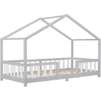 En.casa Kinderbett ’Treviolo‘ in Haus-Optik mit Rausfallschutz Kiefernholz 90 x 200 cm Hellgrau / Weiß
