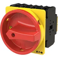 Eaton 010398 Hauptschalter, P3, 63 A, Einbau, 3-polig + N, NOT-AUS-Funktion, mit rotem Drehgriff und gelbem Sperrkranz, abschließbar in 0-Stellung