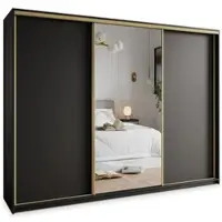Masseno Schiebetürenschrank TAVI 250/205/60 cm Kleiderschrank mit 4 Schubladen Schlafzimmer Schrank 3-türig mit Spiegel Schwarz