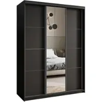 Masseno Schiebetürenschrank VARO 150/205/60 cm Kleiderschrank mit Schubladen Schlafzimmer Schrank 3-türig mit Spiegel Schwarz + Schwarz