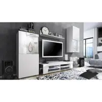 Vladon Wohnwand Movie, Anbauwand bestehend aus 1 TV-Board, 2 Vitrinen und 1 Regal, Weiß matt/Weiß matt/Weiß Hochglanz inkl. LED-Beleuchtung weiß (Gesamt: 300 x 190 x 39 cm)