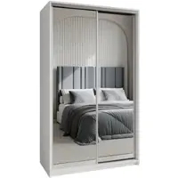 Masseno Schiebetürenschrank RIEN 120/205/60 cm Kleiderschrank mit Schubladen Schlafzimmer Schrank 2-türig mit Spiegel Weiß + Satin