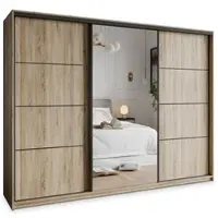 Masseno Schiebetürenschrank VARO 270/205/60 cm Kleiderschrank mit Schubladen Schlafzimmer Schrank 3-türig mit Spiegel Sonoma Eiche + Schwarz