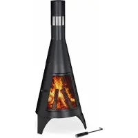 Relaxdays Terrassenofen mit Funkenschutz Tür, dekorative Feuerstelle für Holz, Gartenofen, HxD: 120x45cm, Stahl, schwarz