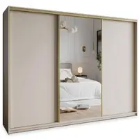 Masseno Schiebetürenschrank TAVI 250/205/60 cm Kleiderschrank mit 4 Schubladen Schlafzimmer Schrank 3-türig mit Spiegel Kaschmir