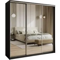 Masseno Schiebetürenschrank RIEN 200/205/60 cm Kleiderschrank mit Schubladen Schlafzimmer Schrank 3-türig mit Spiegel Schwarz + Satin