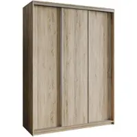 Masseno Schiebetürenschrank NISSE 150/205/60 cm Kleiderschrank mit Schubladen Schlafzimmer Schrank 3-türig Sonoma Eiche + Satin