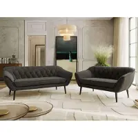 MKS Meble Sofagarnitur PIRS 3-2, Couchgarnitur, Wellenfederung, schwarze Füße, Sitzgruppe, Polstermöbel Set, Couch mit Holzbeinen - Dunkelgrau Velvet