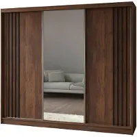 MargaretHadas24 240 cm Kleiderschrank Neli mit Lamellen und Spiegel inklusive 3 Schiebetüren Schwebetürenschrank (Farbe : Nuss Warmia, Lamelle schwarz)
