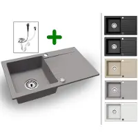 Faizee Home [Granitspüle 76x44 Grau]Hochwertig beidseitig Montierbar Küchenspüle Eckig Einbaugranitspüle Granit Spülbecken f. Unterschränke ab 45 cm inkl.Sipho