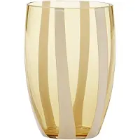 Zafferano Gessato Set aus 6 bernsteinfarbenen, mundgeblasenen Glasbechern, handgefertigtes Design mit vertikalen weißen Zierstreifen, elegant und modern