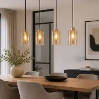 LumenXL Industrielle mattschwarze und sandgoldene Pendelleuchte mit amber Glas 4-flammig - Tuscon