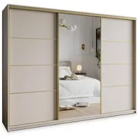 Masseno Schiebetürenschrank VARO 250/205/60 cm Kleiderschrank mit 4 Schubladen Schlafzimmer Schrank 3-türig mit Spiegel Kaschmir