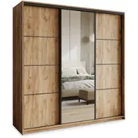 Masseno Schiebetürenschrank VARO 200/205/60 cm Kleiderschrank mit Schubladen Schlafzimmer Schrank 3-türig mit Spiegel Craft Eiche Goldfarben + Schwarz