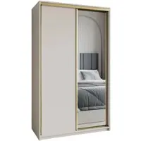 Masseno Schiebetürenschrank TAVI 120/205/60 cm Kleiderschrank mit Schubladen Schlafzimmer Schrank 2-türig mit Spiegel Kaschmir + Gold