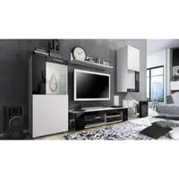 Vladon Wohnwand Movie, Anbauwand bestehend aus 1 TV-Board, 2 Vitrinen und 1 Regal, Weiß matt/Weiß matt/Schwarz Hochglanz (Gesamt: 300 x 190 x 39 cm)