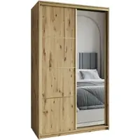 Masseno Schiebetürenschrank VARO 120/205/60 cm Kleiderschrank mit Schubladen Schlafzimmer Schrank 2-türig mit Spiegel Eiche Artisan + Gold