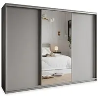 Masseno Schiebetürenschrank TAVI 270/205/60 cm Kleiderschrank mit Schubladen Schlafzimmer Schrank 3-türig mit Spiegel Graphitfarben + Satin