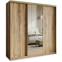 Masseno Schiebetürenschrank TAVI 200/205/60 cm Kleiderschrank mit Schubladen Schlafzimmer Schrank 3-türig mit Spiegel Eiche Wotan + Gold