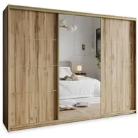 Masseno Schiebetürenschrank VARO 270/205/60 cm Kleiderschrank mit Schubladen Schlafzimmer Schrank 3-türig mit Spiegel Eiche Wotan + Gold