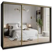 Masseno Schiebetürenschrank RIEN 270/205/60 cm Kleiderschrank mit Schubladen Schlafzimmer Schrank 3-türig mit Spiegel Schwarz + Gold