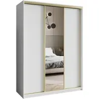 Masseno Schiebetürenschrank TAVI 150/205/60 cm Kleiderschrank mit Schubladen Schlafzimmer Schrank 3-türig mit Spiegel Weiß + Gold