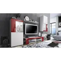 Vladon Wohnwand Movie, Anbauwand bestehend aus 1 TV-Board, 2 Vitrinen und 1 Regal, Weiß matt/Weiß matt/Bordeaux Hochglanz, inkl. LED-Beleuchtung weiß (Gesamt: 300 x 190 x 39 cm)